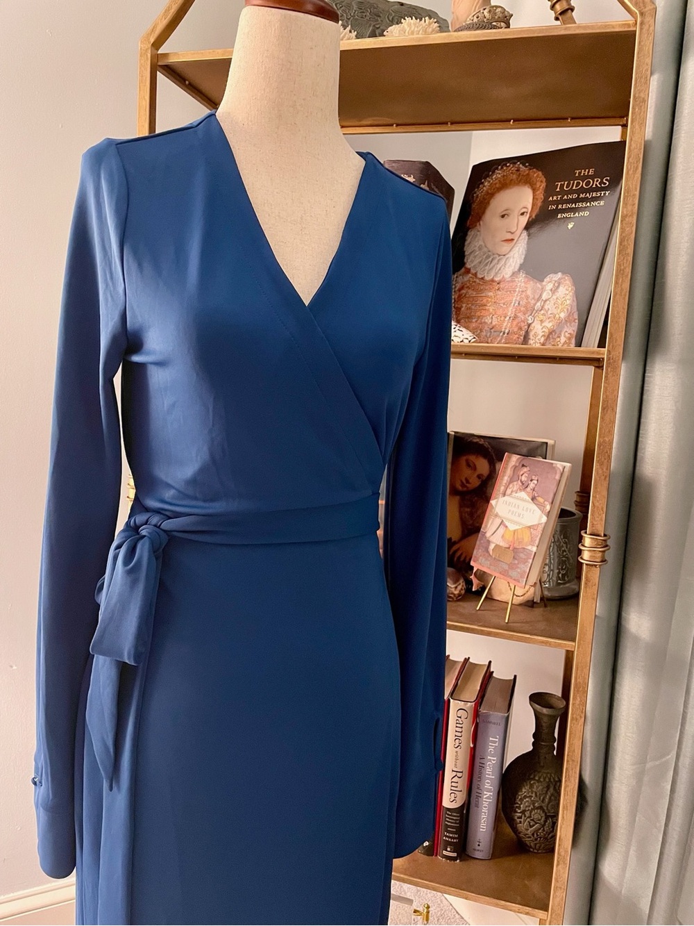 NEW Ann Taylor Blue Wrap Midi Dress 6 Medium Tie Waist Long Sleeve